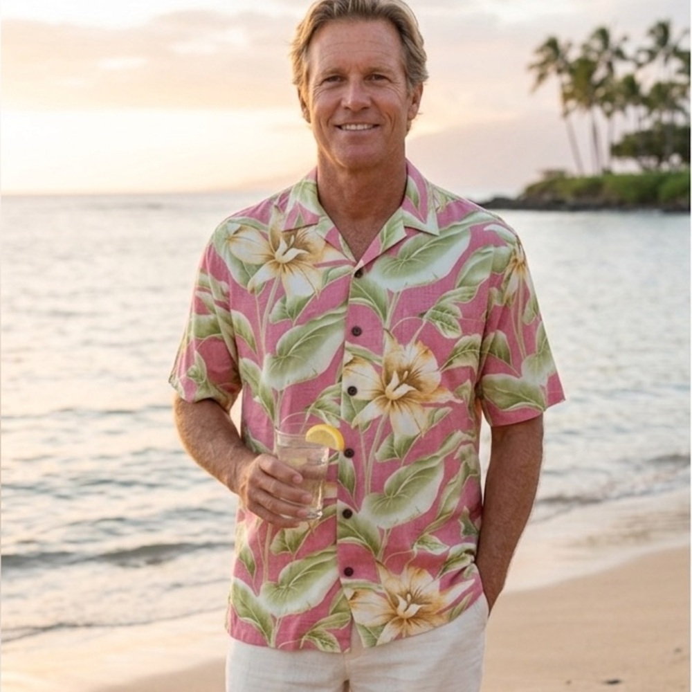 THE HAWAIIAN Pink Tropical Floral Camp Shirt. Size L